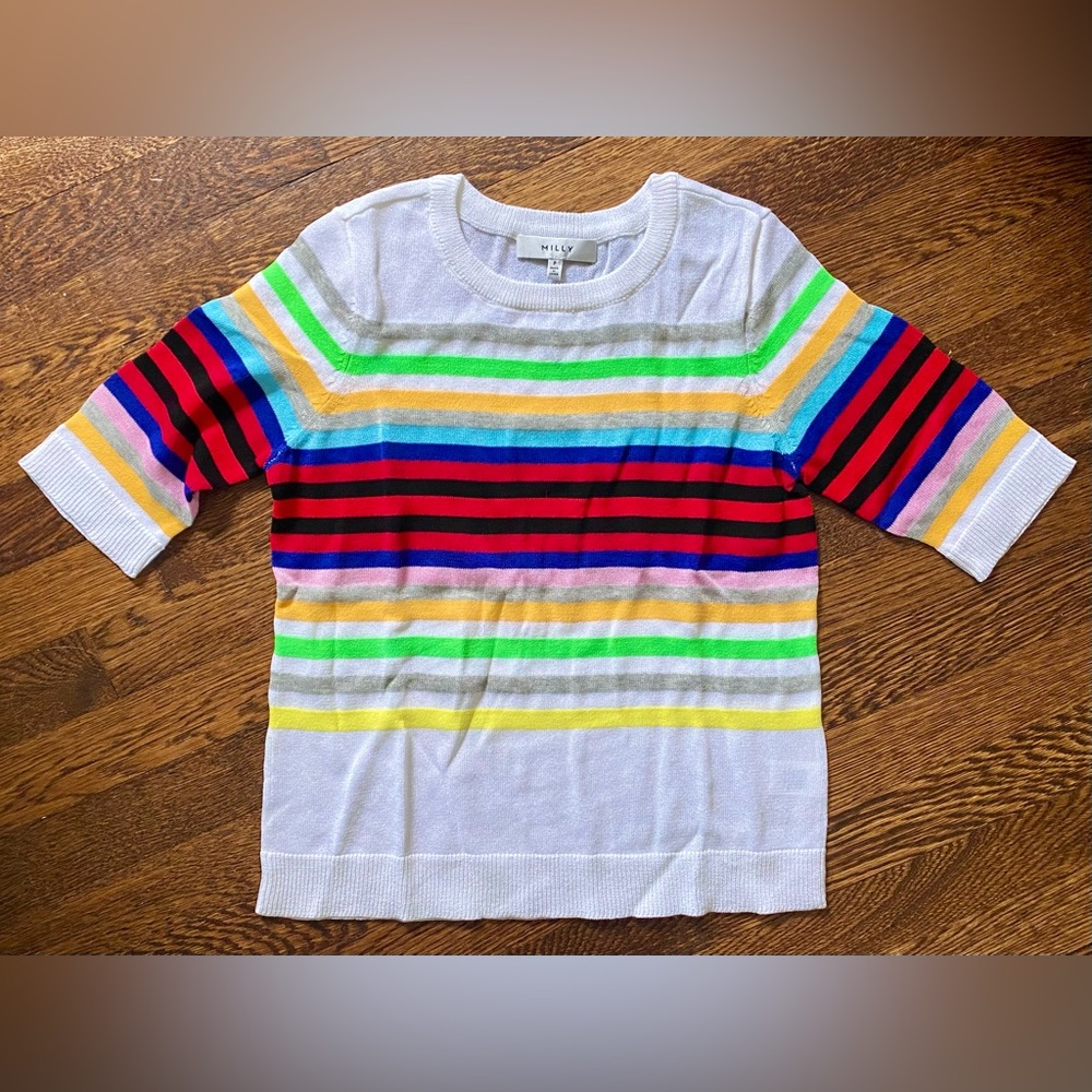 Milly White with Multicolor Stripes Crewneck Knit Top Sz P (XS) *NWOT*